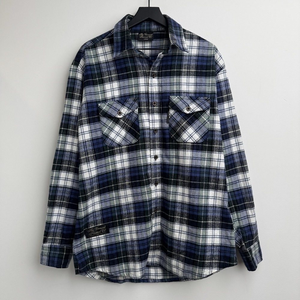 The Vermont Flannel‎ Co Flannel Shirt Mens L Blue Green Black Plaid Made In USA